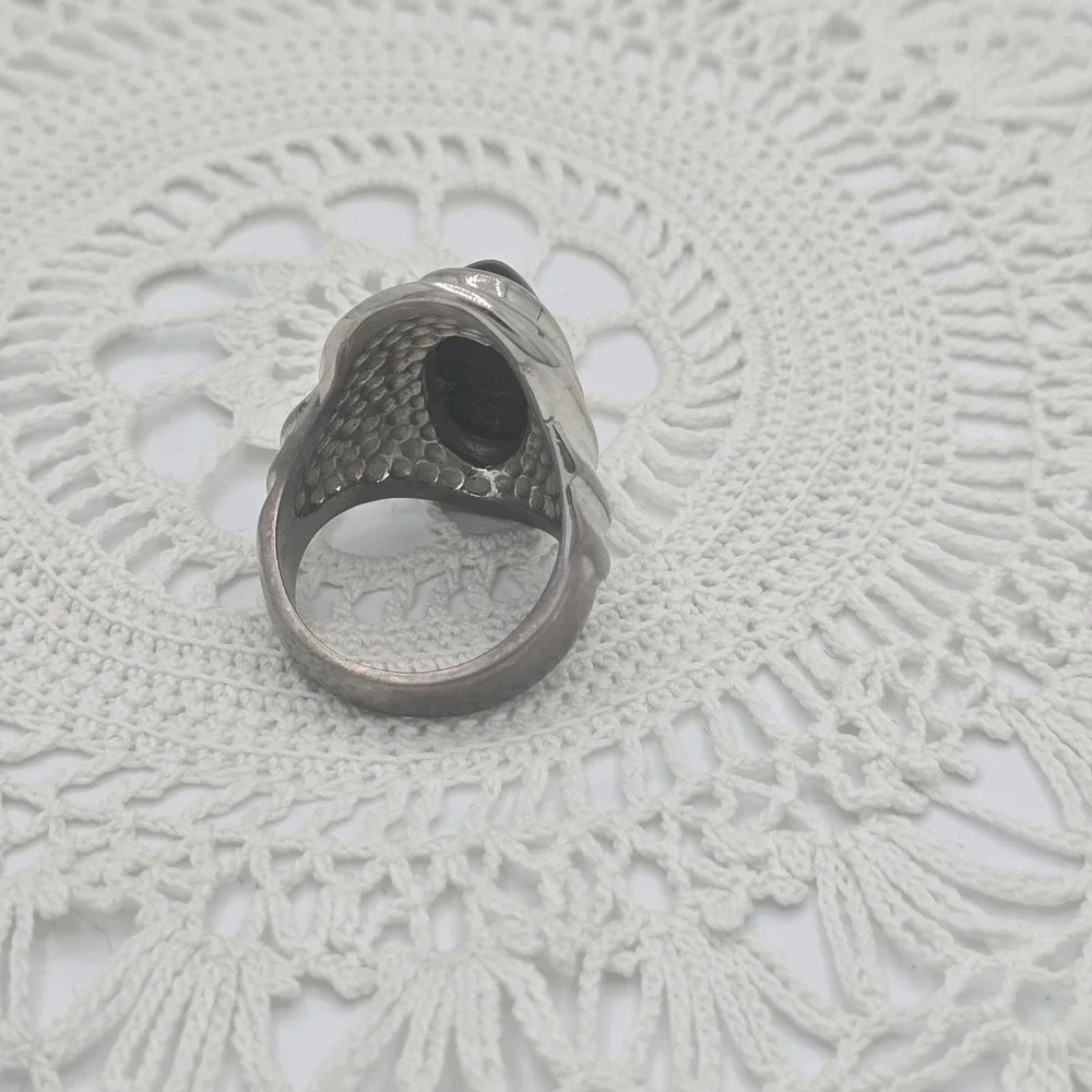 Vintage Ring Large Statement Oval Domed Pyramid Black Silver 18KGE